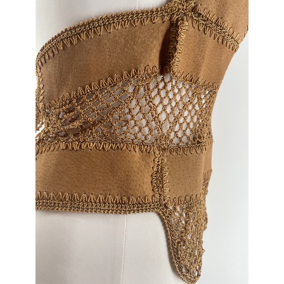 Western Boho Halter Top Womens Medium Tan Leather Crochet Lace Up Back Festival - Picture 9 of 9